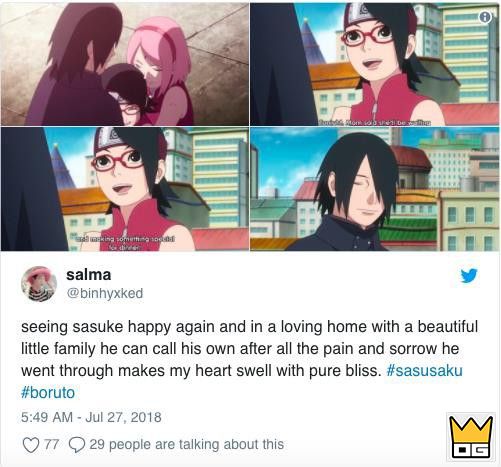 Fan Naruto mừng hết cỡ khi thấy Sasuke hạnh phúc trong hậu truyện Boruto 2 "Nhìn thấy Sasuke hạnh phúc trong một ngôi nhà êm ấm với gia đình nhỏ của mình sau hàng loạt những nỗi đau thế này, trái tim tôi tan chảy vì hạnh phúc".