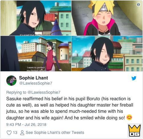 Fan Naruto mừng hết cỡ khi thấy Sasuke hạnh phúc trong hậu truyện Boruto 5 "Sasuke đang truyền sự tin tưởng của mình cho người học trò Boruto (phản ứng của anh mới đáng yêu làm sao) và dạy con gái mình cách làm chiêu thuật. Vậy là giờ anh đã có thể dành thời gian cho vợ con rồi. Hãy xem nụ cười hạnh phúc của anh ấy kìa!".